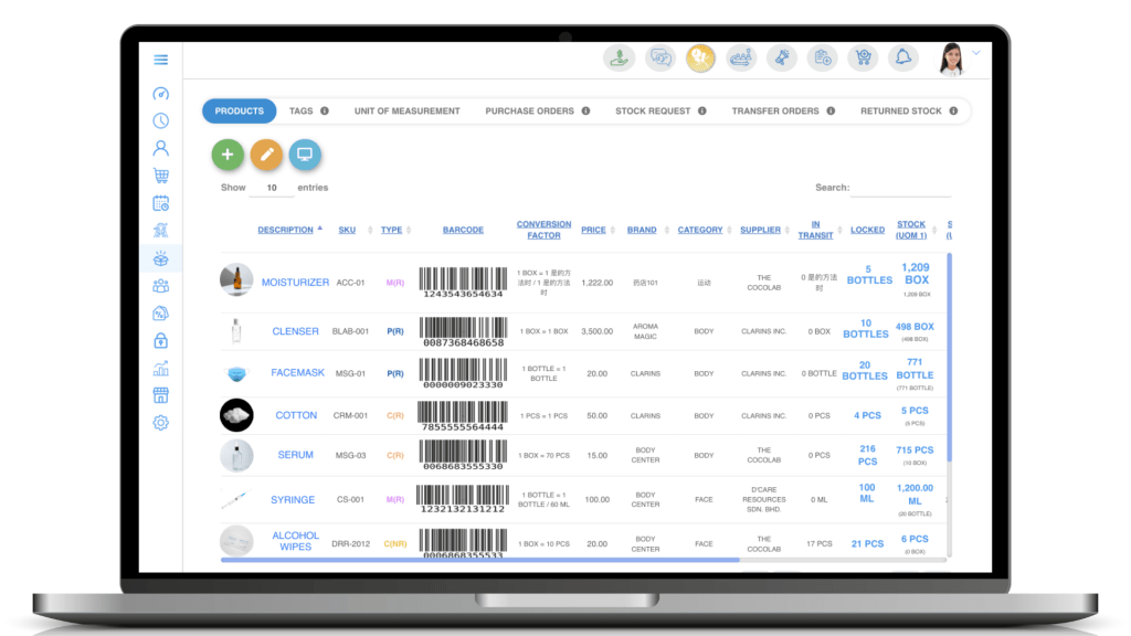 Layar tablet menampilkan sistem inventory Aoikumo™ untuk operasional yang lebih efektif di bisnis kecantikan.