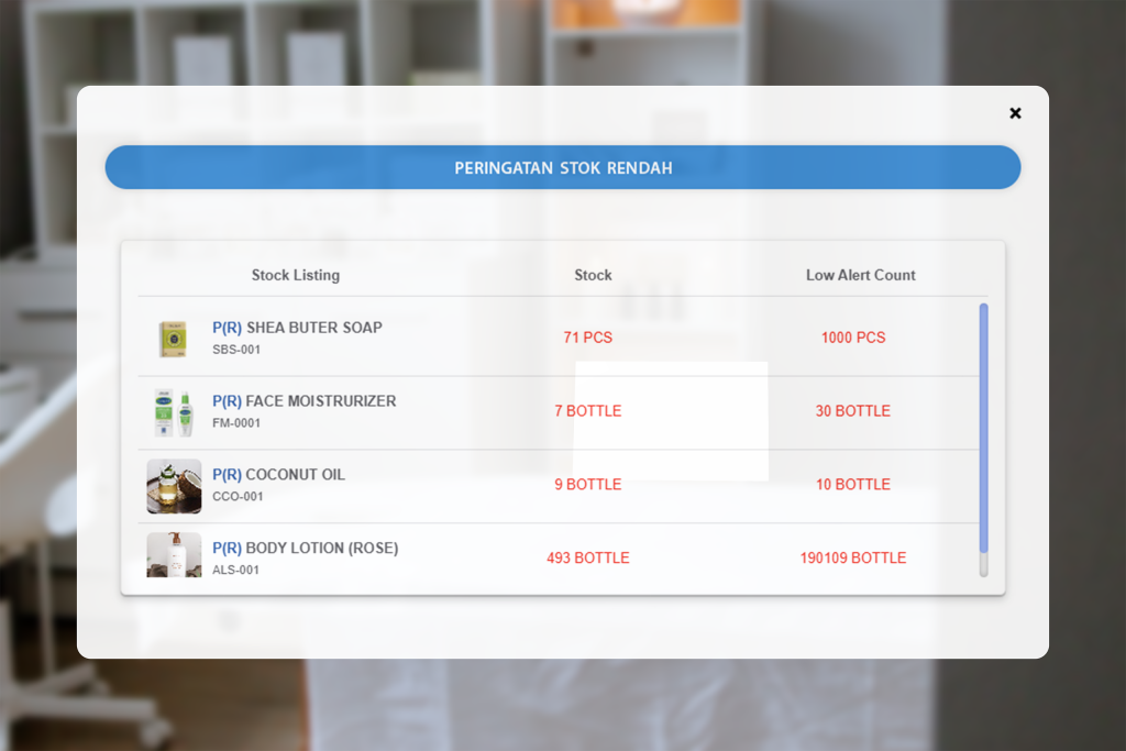 Peringatan otomatis dari Aoikumo™ untuk stok yang menipis.